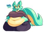  anthro belly belly_squish big_breasts bodily_fluids breasts clothed clothing dialogue dragon female hi_res horn marilin_(inkplasm) nervous overweight overweight_female skalesstash solo squish sweat sweatdrop 
