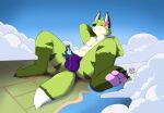  absurd_res bulge canid canine canis clothing cloudscape duo flower fox giga hi_res humanoid macro male mammal micro micro_on_macro plant ravenwolford sitting_on_bulge sitting_on_ground size_difference sky solo underwear wolf 