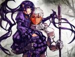  1boy 1girl armor breastplate carrying child_carry closed_mouth dark-skinned_male dark_skin dress gauntlets gothic_lolita grey_hair hair_wings holding komota_(kanyou_shoujo) lolita_fashion long_hair looking_at_viewer original pauldrons pointy_ears purple_dress purple_hair red_eyes short_hair shoulder_armor smile very_long_hair 