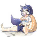  animal_ear_fluff animal_ears blue_hair dire_wolf_(kemono_friends) eating glasses highres kemono_friends kemono_friends_v_project long_hair mcgunngu playing_games ribbon shirt simple_background tail virtual_youtuber white_background wolf_ears wolf_girl wolf_tail 