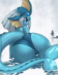  2022 anthro butt camel_toe clothed clothing eeveelution female hi_res looking_back nintendo partially_submerged pok&eacute;mon pok&eacute;mon_(species) rilex_lenov solo swimwear text url vaporeon video_games water 