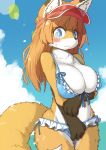 2022 4_fingers anthro arm_under_breasts big_breasts bikini blue_eyes blush bodily_fluids breasts brown_body brown_fur brown_nose canid canine chest_tuft claws cleavage clothed clothing cloud covering covering_crotch covering_self day dipstick_ears dipstick_tail embarrassed female finger_claws fingers fluffy fox frilly frilly_clothing fur gloves_(marking) hair hat headgear headwear hi_res inner_ear_fluff kemono koorinezumi lens_flare long_hair looking_at_viewer mammal markings multicolored_body multicolored_ears multicolored_fur multicolored_tail nipple_outline orange_body orange_fur orange_hair outside portrait sky solo sweat sweatdrop swimwear tail_markings three-quarter_portrait tuft white_body white_fur 