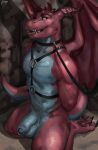  anthro balls biped blue_body bulge clothing digital_drawing_(artwork) digital_media_(artwork) dragon flaccid foreskin genitals hands_behind_back harness hi_res horn juiceps kneeling leash male nude on_ground open_mouth penis red_body red_eyes scalie signature smile solo underwear wings 