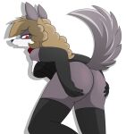  anthro bodysuit bronze butt canid canine canis clothed clothing collar female footwear hi_res looking_at_viewer looking_back looking_pleasured luna_(pencil_bolt) mafia mammal pencil_bolt red_eyes skinsuit socks solo tail_tuft tight_clothing tuft wolf 