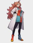  1girl android_21 blue_eyes blue_footwear boots breasts checkered_clothes checkered_dress closed_mouth dragon_ball dragon_ball_fighterz dress full_body glasses grey_background hair_between_eyes kemachiku labcoat long_hair looking_at_viewer medium_breasts red_footwear red_hair simple_background smile solo standing 