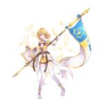 #compass 1girl arm_up bangs blonde_hair blue_eyes blush boots breasts cape cleavage dress elbow_gloves feathers flag full_body gauntlets gloves grey_gloves highres holding holding_polearm holding_shield holding_weapon jeanne_d&#039;arc_(#compass) komine light_blush looking_to_the_side medium_breasts official_art open_mouth pigeon-toed polearm shield shiny shiny_hair short_dress short_hair sidelocks simple_background sleeveless sleeveless_dress solo spear standing thigh_boots thighhighs third-party_source waist_cape weapon white_background white_cape white_footwear white_legwear yellow_dress zettai_ryouiki 