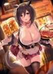  1girl :d absurdres alcohol animal_ears apron bangs bare_shoulders beer black_hair blouse blue_eyes blue_gk blurry blurry_background blush bob_cut breasts brown_legwear choker cleavage collarbone commentary cowboy_shot detached_sleeves dutch_angle ear_ribbon eishin_flash_(umamusume) eyebrows_visible_through_hair food frilled_apron frilled_sleeves frills hair_between_eyes highres holding horse_ears horse_girl horse_tail hot_dog huge_breasts indoors looking_at_viewer miniskirt open_mouth red_choker scrunchie shirt short_hair skindentation skirt smile solo tail thighhighs umamusume waist_apron white_scrunchie 