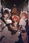  3girls :d :o absurdres amari anchorage_(azur_lane) azur_lane bangs bare_shoulders blunt_bangs breasts bremerton_(azur_lane) cheshire_(azur_lane) christmas cleavage closed_mouth collarbone commentary eyebrows_visible_through_hair hair_between_eyes highres looking_at_viewer midriff multiple_girls night open_mouth outdoors sidelocks smile standing 