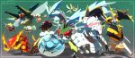  alternate_color araquanid black_eyes blue_eyes bright_pupils bug centiskorch charjabug claws commentary_request ewokakukaede fire framed golisopod green_background highres kartana kyurem mimikyu naganadel ninjask orbeetle pokemon red_eyes rowlet shedinja shiny_pokemon signature standing tusks ultra_beast vikavolt white_pupils yanmega 