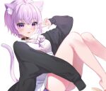  1girl :3 :d alternate_hair_length alternate_hairstyle animal_ear_fluff animal_ears bare_legs blush cat_ears cat_girl cat_tail collar commentary_request eyebrows_visible_through_hair hololive long_sleeves looking_at_viewer neck_ribbon negima_(le_ne38) nekomata_okayu purple_eyes purple_hair ribbon shirt short_hair simple_background sleeves_past_fingers sleeves_past_wrists smile solo tail virtual_youtuber w white_background white_shirt 