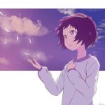  1girl absurdres brown_hair eiga_daisuki_pompo-san hand_up highres kizu-kun long_sleeves looking_to_the_side natalie_woodward outdoors petals red_eyes shirt short_hair solo standing upper_body white_shirt 