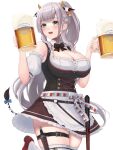  1girl alcohol animal_ears artist_request bare_shoulders beer beer_mug blush breasts cleavage cow_ears cow_horns cow_tail cup dagger dirndl dress flower german_clothes green_eyes hair_flower hair_ornament highres hololive hololive_fantasy horns knife large_breasts long_hair mace mug open_mouth ponytail shirogane_noel silver_hair sleeveless solo tail thigh_strap thighhighs very_long_hair virtual_youtuber weapon 