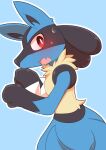  ahirulion anthro biped blue_body blush bodily_fluids canid canine chest_spike facial_markings head_markings looking_at_viewer lucario mammal markings mask_(marking) nintendo open_mouth pok&eacute;mon pok&eacute;mon_(species) red_eyes solo spikes spikes_(anatomy) sweat sweatdrop video_games 