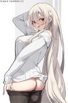  1girl ass bare_shoulders blush breasts butt_crack clothes_pull eyebrows_behind_hair eyelashes highres long_hair looking_at_viewer original pantyhose pantyhose_pull red_eyes simao_(x_x36131422) solo_focus sweater turning_head white_hair white_sweater 