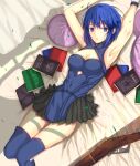  1girl :o alternate_costume armpits arms_up bible black_skirt blue_dress blue_eyes blue_hair blue_legwear blush book breasts ciel_(tsukihime) clothing_cutout commentary_request cross curtains dress eyebrows_visible_through_hair gloves gun iro_(sekaixiro) looking_at_viewer lying medium_breasts miniskirt official_alternate_costume on_bed pillow pleated_skirt powered_ciel shadow short_hair skirt sleeveless sleeveless_dress solo sunlight thighhighs tsukihime tsukihime_(remake) weapon white_gloves 