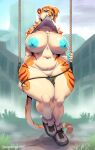  anthro big_breasts breasts clothed clothing clothing_lift felid female fur genitals huge_breasts mammal pantheradraws pantherine panties panties_down partially_clothed pussy shirt shirt_lift solo striped_body striped_fur stripes swing thick_thighs tiger topwear underwear underwear_down 