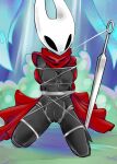  2021 anthro arthropod black_eyes bound cloak clothing detailed_background fecharis female front_view full-length_portrait genitals hands_behind_back hollow_knight hornet_(hollow_knight) insect kneeling mostly_nude portrait pussy solo team_cherry toxoglossa video_games 