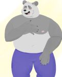  anthro biped blush bottomwear clothed clothing giant_panda hi_res male mammal nipples open_mouth pandaandy solo topless ursid 