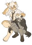  2022 absurd_res anthro bulge cheek_tuft cigarette clothed clothing countershade_face countershading duo eyes_closed facial_tuft felid fur grey_body grey_fur hair hand_on_head hi_res holding_cigarette holding_object hyaenid kemono lion male mammal milkytiger1145 necktie open_clothing open_shirt open_topwear pantherine shirt simple_background smoking tan_body tan_fur topwear tuft white_background white_clothing white_hair white_shirt white_topwear 