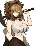  1girl absurdres animal_ear_fluff animal_ears arknights bangs bare_shoulders black_jacket breasts brown_eyes brown_hair brown_shorts cleavage closed_mouth collar collarbone contrapposto cowboy_shot distr eyebrows_visible_through_hair fur-trimmed_jacket fur_trim green_shirt hammer highres holding holding_hammer holding_weapon jacket lion_ears long_hair looking_at_viewer off_shoulder ponytail shirt short_shorts shorts sidelocks siege_(arknights) solo tank_top weapon 