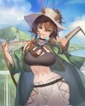  1girl :d absurdres animal_ears arknights blue_sky breasts brown_hair cleavage cleavage_cutout clothing_cutout coat contrapposto cowboy_shot crop_top day ears_through_headwear fengyin_shici_guozi green_coat green_eyes hat head_tilt highres hip_vent horse_ears instrument large_breasts long_hair long_sleeves looking_at_viewer meteor_(arknights) meteor_(bard&#039;s_holiday)_(arknights) navel official_alternate_costume open_clothes open_coat open_mouth outdoors pants ponytail sidelocks sky smile solo stomach town white_headwear white_pants 