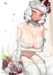  1girl absurdres bangs bare_shoulders bouquet breasts bridal_veil carmilla_(fate) cleavage collarbone curly_hair detached_collar elbow_gloves fate/grand_order fate_(series) flower frills garter_belt gloves hair_flower hair_ornament highres large_breasts lingerie looking_at_viewer medium_hair monkey_jon sitting thighhighs thighs underwear veil white_gloves white_hair white_legwear yellow_eyes 