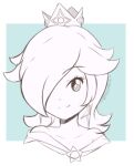  1girl artist_name blue_background border chocomiru closed_mouth crown dress earrings eyebrows_visible_through_hair jewelry long_hair looking_at_viewer lowres mario_(series) monochrome rosalina sketch smile solo super_mario_galaxy super_mario_galaxy_2 tiara unfinished upper_body 
