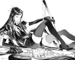  1other androgynous beads belt bort dated elbow_gloves feet_out_of_frame gem_uniform_(houseki_no_kuni) gloves greyscale hand_on_own_face hand_on_own_knee highres holding holding_sword holding_weapon houseki_no_kuni knees_up long_hair looking_away monochrome outstretched_arm profile puffy_short_sleeves puffy_sleeves reclining ribbon shoes short_sleeves shorts simple_background skindentation solo sparkle string suzumi_(ccroquette) sword thighhighs very_long_hair weapon 