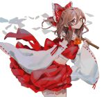  1girl bangs bow brown_eyes brown_hair commentary detached_sleeves frilled_bow frills gohei hair_between_eyes hair_bow hair_tubes hakurei_reimu highres holding_gohei looking_at_viewer medium_hair red_bow red_ribbon red_vest ribbon ribbon-trimmed_collar ribbon-trimmed_sleeves ribbon_trim sideways_glance signature skirt skirt_set smile sobamushi_mo solo touhou vest waist_bow wide_sleeves 