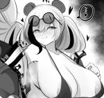  10eki_(tenchou) 1girl animal_ears areola_slip areolae arknights bangs bare_shoulders bear_ears bikini blush breasts cleavage closed_mouth covered_nipples eyebrows_visible_through_hair eyewear_on_head fang feater_(arknights) glasses greyscale hair_between_eyes highres huge_breasts long_hair looking_at_viewer micro_bikini monochrome multicolored_hair nose_blush off_shoulder open_clothes round_eyewear skin_fang smile solo steaming_body strap_gap sweat swimsuit twintails two-tone_hair undressing 