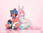  2girls animal_ears barefoot blue_hair blush brand_new_animal breasts closed_mouth completely_nude fox_ears fox_girl fox_tail full_body furry furry_female green_eyes highres hiwatashi_nazuna holding holding_pillow indian_style kagemori_michiru long_hair looking_at_another michirutnk multiple_girls nude pillow pink_background pink_hair raccoon_ears raccoon_girl raccoon_tail red_eyes reflection short_hair sitting small_breasts smile soles tail toes yuri 