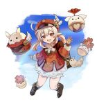  1girl 4b_(sabi3238) :d ahoge backpack bag bag_charm bangs bloomers blue_sky boots brown_footwear brown_gloves brown_scarf cabbie_hat charm_(object) cloud cloudy_sky clover_print coat commentary_request dodoco_(genshin_impact) eyebrows_visible_through_hair full_body genshin_impact gloves hair_between_eyes hat hat_feather hat_ornament jumpy_dumpty klee_(genshin_impact) knee_boots kneehighs light_brown_hair long_hair long_sleeves looking_at_viewer low_twintails orange_eyes pocket pointy_ears rainbow randoseru red_coat red_headwear scarf sidelocks sky smile solo twintails underwear waving 