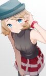  1girl adjusting_hair bangs black_legwear blonde_hair blue_eyes blush bracelet breasts closed_mouth commentary_request eyebrows_visible_through_hair eyelashes grey_headwear hair_behind_ear hand_up hat jewelry looking_at_viewer pantyhose pokemon pokemon_(anime) pokemon_swsh_(anime) raised_eyebrows red_skirt serena_(pokemon) short_hair skirt solo sweater_vest takahawk333 white_background 
