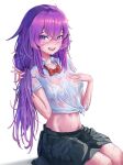  1girl absurdres ahoge alchemilla_menace bangs black_skirt blush bow bowtie bra collared_shirt cyberlive english_commentary hair_between_eyes hands_up highres lingerie long_hair looking_at_viewer loose_bowtie lunarisbloom messy_hair midriff navel pleated_skirt polo_shirt purple_eyes purple_hair red_bow red_bowtie see-through see-through_shirt shirt short_sleeves simple_background sitting skirt solo thighs tied_shirt traditional_bowtie underwear wavy_hair wet wet_clothes wet_hair wet_shirt white_background white_bra white_shirt 
