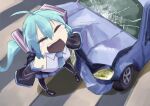  1girl 39 ahoge aqua_hair aqua_necktie bare_shoulders black_legwear black_skirt black_sleeves car car_crash chilei_ohtzu closed_eyes commentary cracked_glass crash crosswalk crying detached_sleeves facing_up foreshortening from_above grey_shirt ground_vehicle hair_ornament hatsune_miku highres license_plate long_hair miniskirt motor_vehicle necktie open_mouth pigeon-toed pleated_skirt shirt skirt sleeveless sleeveless_shirt solo standing twintails very_long_hair vocaloid 