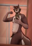  anthro bathroom body_hair butt canid canine canis chest_tuft facial_hair flexing hi_res looking_at_viewer male mammal moobs olive_(olivepup_00) olivepup_00 pose pubes selfie slightly_chubby smile solo thick_thighs tuft wolf 