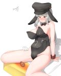  1boy 1girl absurdres animal_ears bare_legs black_bow black_bowtie black_headwear black_leotard bow bowtie breasts cameltoe cleavage dated detached_collar easter_egg egg gangut_(kancolle) gangut_dva_(kancolle) girl_on_top grey_hair hat highres kantai_collection large_breasts leotard long_hair maru_(marg0613) peaked_cap playboy_bunny rabbit_ears red_eyes scar scar_on_cheek scar_on_face simple_background straddling strapless strapless_leotard t-head_admiral twitter_username white_background wrist_cuffs 