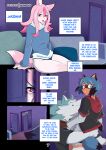  2022 amazinggwen anthro blep blue_eyes blue_hair bottomless bottomless_female bottomwear brand_new_animal breasts brown_body brown_fur canid canine canis clothed clothing collar comic digital_media_(artwork) embrace english_text eyes_closed facial_markings female fingers fox fur group hair head_markings hi_res hoodie hug humanoid_hands larger_male male male/female mammal markings mask_(marking) michiru_kagemori narration nazuna_hiwatashi page_number pink_hair raccoon_dog shaded shirou_ogami shirt shorts sitting size_difference smaller_female smile studio_trigger t-shirt tanuki teeth text text_box tongue tongue_out topwear trio white_body white_fur wolf 