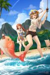  2girls :d animal arm_up ball bangs beach_chair beachball bird black_shorts blue_sailor_collar blue_sky braid breasts brown_eyes brown_hair cabbie_hat character_request cloud commentary commission day dragalia_lost dress english_commentary fang fish fishing fishing_hook fishing_line fishing_rod goggles goggles_on_headwear hand_up hat hentaki highres holding holding_fishing_rod long_hair low_twintails medium_breasts midriff mountain multiple_girls navel outdoors palm_tree purple_eyes sailor_collar sailor_dress sandals shirt short_shorts short_sleeves shorts sky sleeveless sleeveless_dress smile standing tied_shirt tree twin_braids twintails very_long_hair white_dress white_footwear white_shirt yellow_headwear 