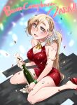  1girl alcohol alternate_costume alternate_hairstyle bottle braid breasts champagne character_name cleavage cleavage_cutout clothing_cutout commentary_request confetti dress hair_ribbon happy_birthday kantai_collection red_dress ribbon side_ponytail sitting solo udukikosuke wariza zara_(kancolle) 