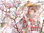  1girl ajirogasa bangs brown_hair flower hat highres japanese_clothes kimono long_hair original outdoors painting_(medium) petals purple_eyes red_ribbon ribbon solo traditional_media watercolor_(medium) winter yellow_headwear yukoring 