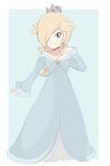  1girl blonde_hair blue_background blue_dress brooch chocomiru closed_mouth crown dress earrings full_body hair_over_one_eye jewelry long_hair looking_at_viewer mario_(series) one_eye_covered rosalina smile solo star_(symbol) super_mario_galaxy super_mario_galaxy_2 super_smash_bros. tiara white_background 