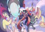  1girl absurdres akari_(pokemon) black_hair black_legwear black_shirt brown_footwear closed_mouth commentary_request cresselia eyelashes floating_scarf grey_eyes head_scarf highres hisuian_typhlosion hisuian_zoroark holding holding_poke_ball jacket long_hair loose_socks lumineon luxray ototoi_(eevees813) pantyhose poke_ball poke_ball_(legends) pokemon pokemon_(creature) pokemon_(game) pokemon_legends:_arceus ponytail red_scarf scarf shirt shoes sidelocks signature skirt snowing standing sylveon white_headwear white_legwear 