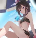  1girl bangs bikini black_bikini black_hair blue_archive blurry blurry_background blush bow breasts brown_hair closed_mouth cloud commentary_request day hairband highres mashiro_(blue_archive) minase_yuki navel outdoors purple_eyes short_hair sitting small_breasts smile solo swimsuit white_bow white_hairband 