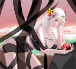  1girl apple arknights bare_shoulders bent_over bikini black_bikini black_nails breasts cleavage closed_mouth collarbone day do2 ear_piercing eyebrows_behind_hair flower food from_side fruit hair_flower hair_ornament holding holding_food holding_fruit horns large_breasts long_hair looking_at_viewer looking_to_the_side md5_mismatch mudrock_(arknights) mudrock_(silent_night)_(arknights) nail_polish ocean official_alternate_costume outdoors piercing pink_sky pointy_ears red_eyes resolution_mismatch rock silver_hair solo source_larger standing swimsuit very_long_hair yellow_flower 