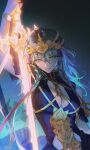  1girl alzi_xiaomi braid breasts byleth_(fire_emblem) byleth_(fire_emblem)_(female) chinese_commentary circlet cleavage cleavage_cutout clothing_cutout enlightened_byleth_(female) eyebrows_visible_through_hair fire_emblem fire_emblem:_three_houses glowing glowing_sword glowing_weapon green_eyes hair_between_eyes hand_up highres holding holding_sword holding_weapon large_breasts light_blue_hair long_hair parted_lips pointy_nose signature solo sword sword_of_the_creator upper_body weapon 