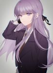  1girl bangs black_gloves black_jacket black_ribbon braid brown_necktie closed_mouth collared_shirt danganronpa:_trigger_happy_havoc danganronpa_(series) eyebrows_visible_through_hair gloves grey_background grey_shirt hair_ribbon highres jacket jecheubo kirigiri_kyouko long_hair long_sleeves necktie pink_eyes protected_link ribbon shiny shiny_hair shirt simple_background solo upper_body 