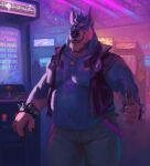  2022 anthro arcade arcade_machine belly big_belly black_nose bottomwear canid canine canis cariboops clothing detailed_background domestic_dog hi_res humanoid_hands inside male mammal moobs navel one_eye_closed overweight overweight_male pants solo wink 