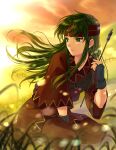  armor arrow_(projectile) bangs boots fingerless_gloves fire_emblem fire_emblem:_the_binding_blade gloves green_eyes green_hair headband holding holding_weapon kneeling leather_armor outdoors sue_(fire_emblem) sunset upper_body weapon youheiogm 