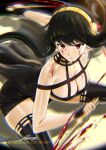  1girl bangs bare_shoulders black_dress black_hair black_legwear blood blood_on_arm blood_on_breasts blood_on_weapon breasts cleavage dagger dress earrings fingerless_gloves gloves gold_earrings gold_hairband highres holding holding_dagger holding_weapon jewelry knife large_breasts long_hair looking_at_viewer motion_blur red_eyes revenantart rose_hair_ornament short_hair_with_long_locks solo spy_x_family thighhighs two-sided_dress weapon yor_briar 